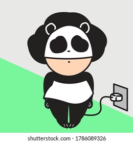 Tired Exhausted Girl In Panda Costume Connected And Charging Herself To Wall Plug To Boost Her Energy Concept Card Character illustration