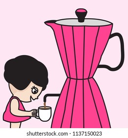 Tired Exhausted Girl Pressing Coffee From Huge Coffee Maker Pot Concept Card Character illustration