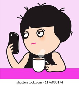 Tired Exhausted Girl Reading Messages On Mobile Phone While Holding Cup Of Coffee Concept Card Character illustration