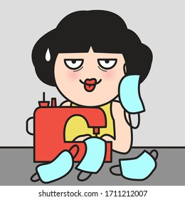 Tired Exhausted Girl Sewing Face Mask For Healthcare During Pandemic Crisis Concept Card Character illustration