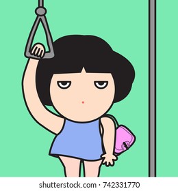 Tired Exhausted Girl Standing On A Subway Train Concept Card Character illustration
