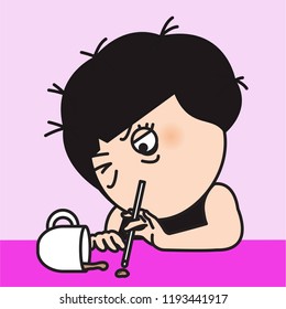 Tired Exhausted Girl Sucking The Last Drop Hot Coffee Through The Straw Concept Card Character illustration