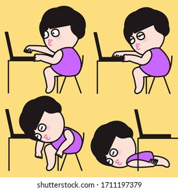 Tired Exhausted Girl Working From Home During Confinement Or Quarantine Period Concept Card Character illustration