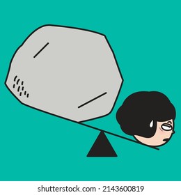 Tired Exhausted Girl's Head Is Heavier Than Rock. Overthinking, Worry, And Rumination Disorder. Mental Health Concept Card Character illustration