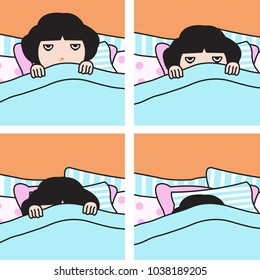 Tired Exhausted Grumpy Girl Can't Get Out Of Bed In The Morning Concept Card Character Illustration