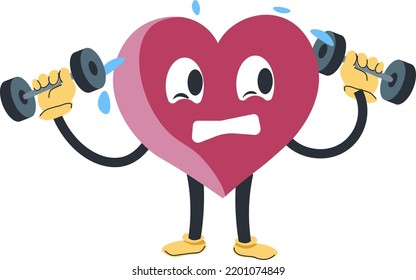 Tired and exhausted heart doing exercises and working out. Gym training with dumbbelss, lifting and growing muscles.Symbol of love, Valentines. Funny character, isolated personage. Vector in flat