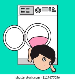 Tired Exhausted Housewife Survived After Being In Running Washing Machine Concept Card Character illustration