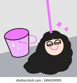 A Tired Exhausted Long Hair Girl Head Mob Or Swab Lean On Concrete Wall. The Woman's Head Floor Mop Is Used To Clean The Floor Concept Card Character illustration