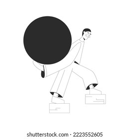 Tired exhausted man carries a heavy stone on his back. Concept of responsibility and hard life. Vector illustration in outline style