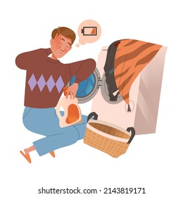 Tired exhausted man loading washing machine. Person tired of housework cartoon vector illustration