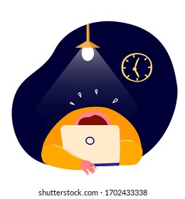 Tired Exhausted Man Put Head on Laptop.Overwhelmed Weary Workaholic Freelancer.No energy.Frustrated,Terrible Fatigue,Weakness.Working Online.Student,Telework.Internet,Computer.Flat Vector Illustration