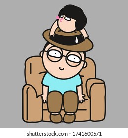 Tired Exhausted Man Resting In A Sofa With His Miniature Wife On His Head Concept Card Character illustration