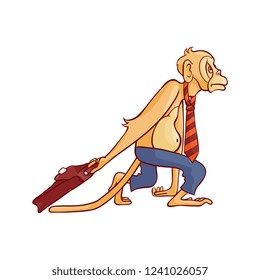 Tired and exhausted monkey in business pants and tie walking with lowered hands dragging briefcase in sketch style. Cute macaque office worker in isolated hand drawn vector illustration.
