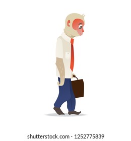 Tired and exhausted monkey in business suit trudging with briefcase in hand in flat gradient style - vector illustration of cute macaque office worker walking reluctantly isolated on white background.