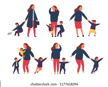 Tired exhausted mother with naughty kids. Busy parents with children. Vector illustration