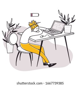 Tired exhausted office employee sleeping at computer. Depressed young woman with low battery leaning on desk. Vector illustration for burnout, stress, depression concept