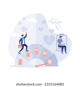 Tired Exhausted Overworked and Happy, Energetic Productive Woman with Full Energy Battery. Burnout and Increased Productivity. Depressed and Mental Illness. flat modern vector illustration