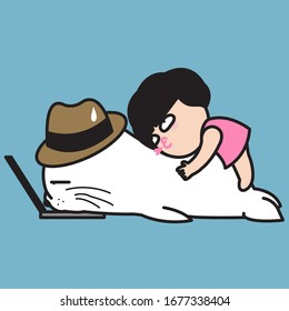 Tired Exhausted Seal Boy Working With The Laptop While Miniature Girl Laying Down On His back. Family Life Of Funny Happy Couple At Home Concept Card Character illustration