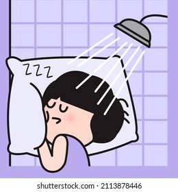 Tired Exhausted Sleeping Woman Taking A Shower Concept Card Character illustration