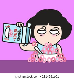 Tired Exhausted Sleepy Girl With Her Breakfast Cereal Concept Card Character illustration