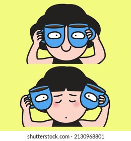 A Tired Exhausted Sleepy Girl With And Without Cup Of Coffee Concept Card Character illustration