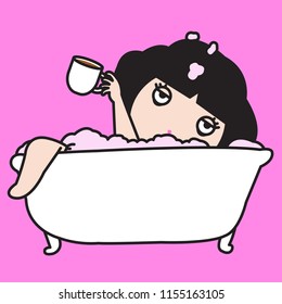 Tired Exhausted Sleepy Woman Drinking Coffee In Bathtub Concept Card Character illustration