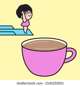 Tired Exhausted Sleepy Woman Is Jumping Into A Big Cup Of Coffee Concept Card Character illustration