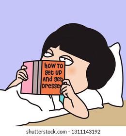 Tired Exhausted Sleepyhead Woman Reading Book How To Get Up And Get Dressed Concept Card Character illustration