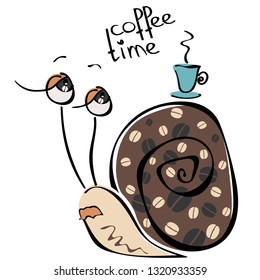 Tired and exhausted snail dreaming about coffee break with a cup of coffee on his patterned shell, Vector illustration
Grouped objects and separate layers. EPS 10 file
