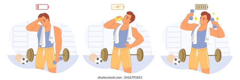 Tired exhausted sportsman cartoon character feeling thirsty and lack of energy drinking energetic beverage to increase power and productivity in training vector illustration