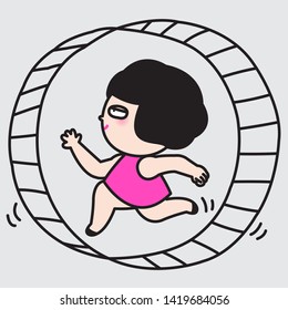 Tired Exhausted Stressed Business Woman Running In A Hamster Wheel Concept Card Character illustration