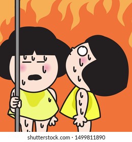 Tired Exhausted Sweating Girls Standing Or Travelling On A Subway Train In Summer Day Concept Card Character illustration