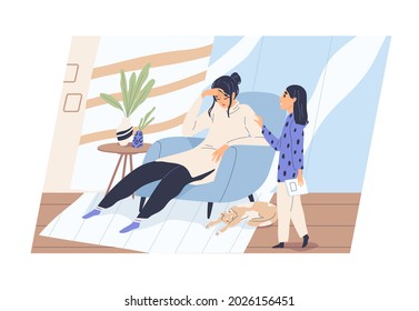 Tired exhausted unhealthy mother and concerned child. Sad fatigue mom and kid. Hard parenting and maternity concept. Psychological problems and difficulties of motherhood. Flat vector illustration