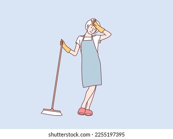 Tired and exhausted woman with apron and gloves cleaning moping floor simple korean style illustration