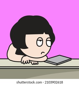 Tired Exhausted Woman With Boring Face Lying On Laptop At The Desk In Office Concept Card Character illustration