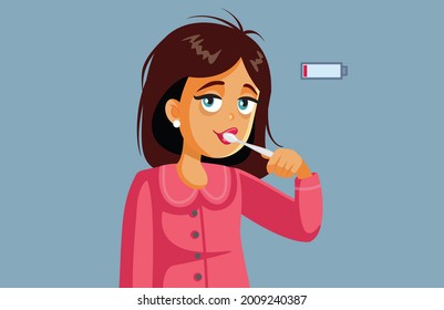 Tired Exhausted Woman Brushing Her Teeth Vector Cartoon. Young person feeling sleepy and fatigued taking care of dental health early in the morning after oversleeping
