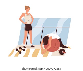 Tired exhausted woman during workout in gym. Weak lazy apathetic person feeling sick and fatigue at training. Physical weakness concept. Flat vector illustration isolated on white background