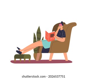 Tired exhausted woman falling asleep reading book at home on couch. Frustrated overwork female sleeping in armchair. Tiredness concept. Cartoon flat vector illustration