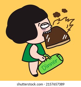 Tired Exhausted Woman Is Going To Work With A Slice Of Burnt Toast In Her Mouth And Dinner Bag In Hand Concept Card Character illustration