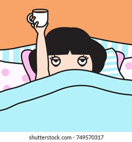 Tired Exhausted Woman Holding Cup Of Coffee In Bed To Say Good Morning Concept Card Character illustration