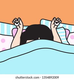 Tired Exhausted Woman Holding Own Sleepy Eyes In Bed To Say Good Morning Concept Card Character illustration