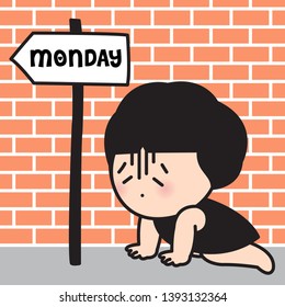 Tired Exhausted Woman Leaning Against A Brick Wall Outdoors With Direction Road Signs Heading To Monday Concept Card Character illustration