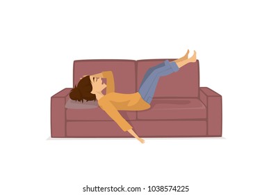 Tired Exhausted Woman Lying Resting Relaxing Legs Up On Couch Sofa Isolated Vector Illustration