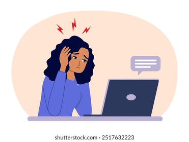 Mulher cansada ou exausta no escritório. Trabalho estressante, estresse no local de trabalho. Mulher de negócios ocupada, falha de projeto e ilustração vetor workaholic.