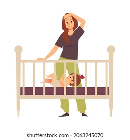 Tired Exhausted Woman In Postpartum Depression Standing Near Baby Bed, Flat Vector Illustration. Psychological Support For Women In Motherhood And Child Rearing.