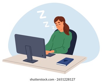 Mulher cansada dorme em uma estação de trabalho no escritório. Um funcionário adormecido. Sonhe no local de trabalho. Homem de negócios de Burnout. Trabalho de horas extras. Gerente ocupado adormecido na mesa do computador. Conceito de vetor
