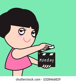 Tired Exhausted Woman Using A Movie Slate Or Clapperboard To Start The Shooting Of Her Monday Scene Concept Card Character illustration