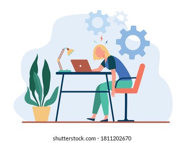 Tired exhausted woman working at laptop and feeling burnout. Vector illustration for overload, overwork, fatigue concept.
