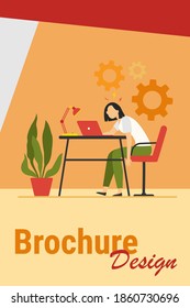 Tired exhausted woman working at laptop and feeling burnout. Vector illustration for overload, overwork, fatigue concept.