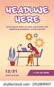 Tired exhausted woman working at laptop and feeling burnout. Vector illustration for overload, overwork, fatigue concept.